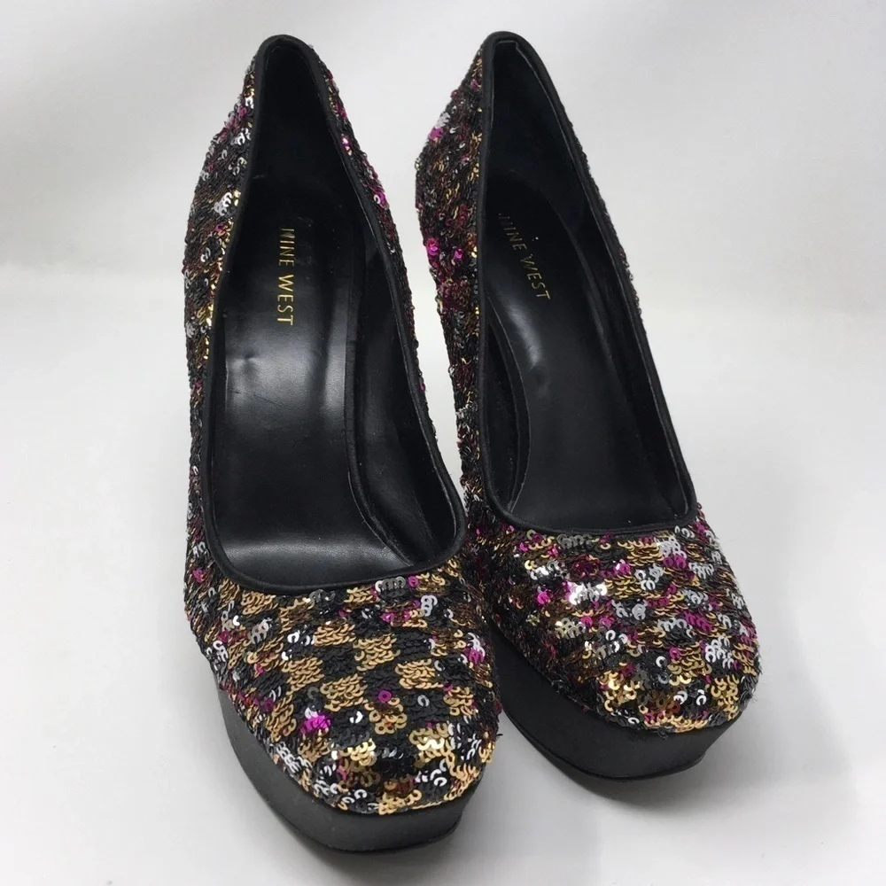 Nine West Heels Shoes Black Pink Satin Sequins 7.5
